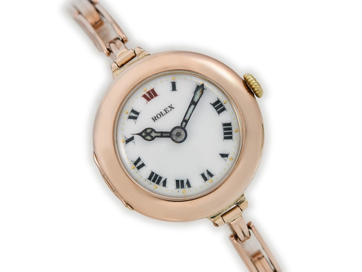 Ladies Rolex Cocktail Watch 9ct Pink Gold 1914 Porcelain Dial